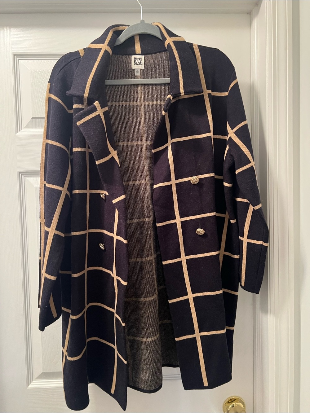 Navy and Tan Double-Breasted Sweater Coat
